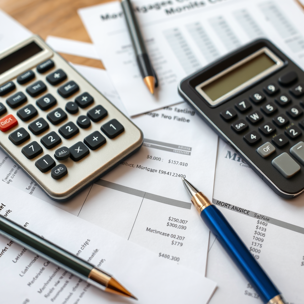 Calculadora y documentos financieros sobre escritorio mostrando análisis de refinanciamiento hipotecario