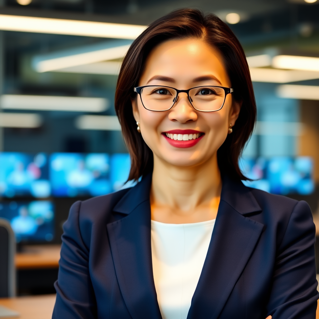 Foto profesional de Sarah Chen, una mujer asiática de mediana edad con traje de negocios azul marino, sonriendo profesionalmente en un entorno de oficina moderno con elementos tecnológicos de fondo