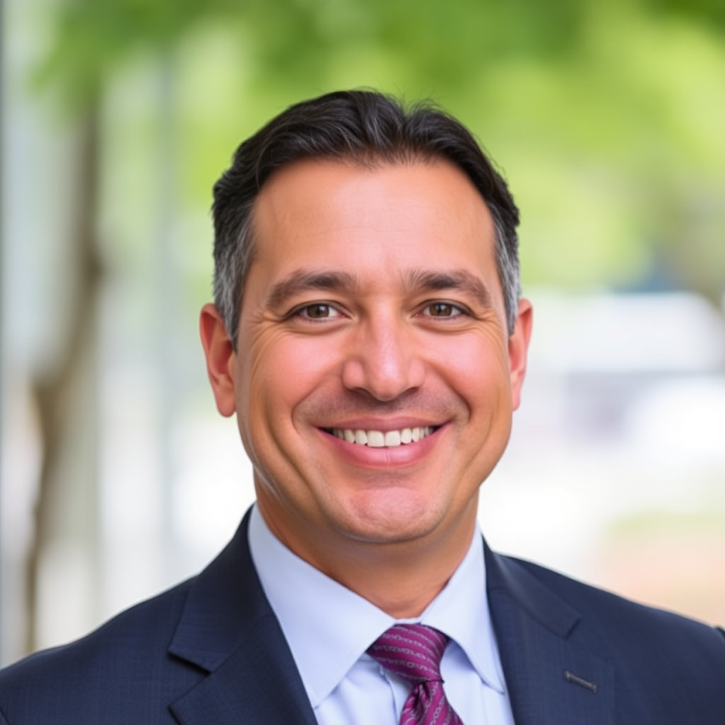 Retrato profesional de Marcus Rodriguez, Oficial Principal de Préstamos de Maskernosker, hombre hispano de mediana edad con traje de negocios y sonrisa confiada
