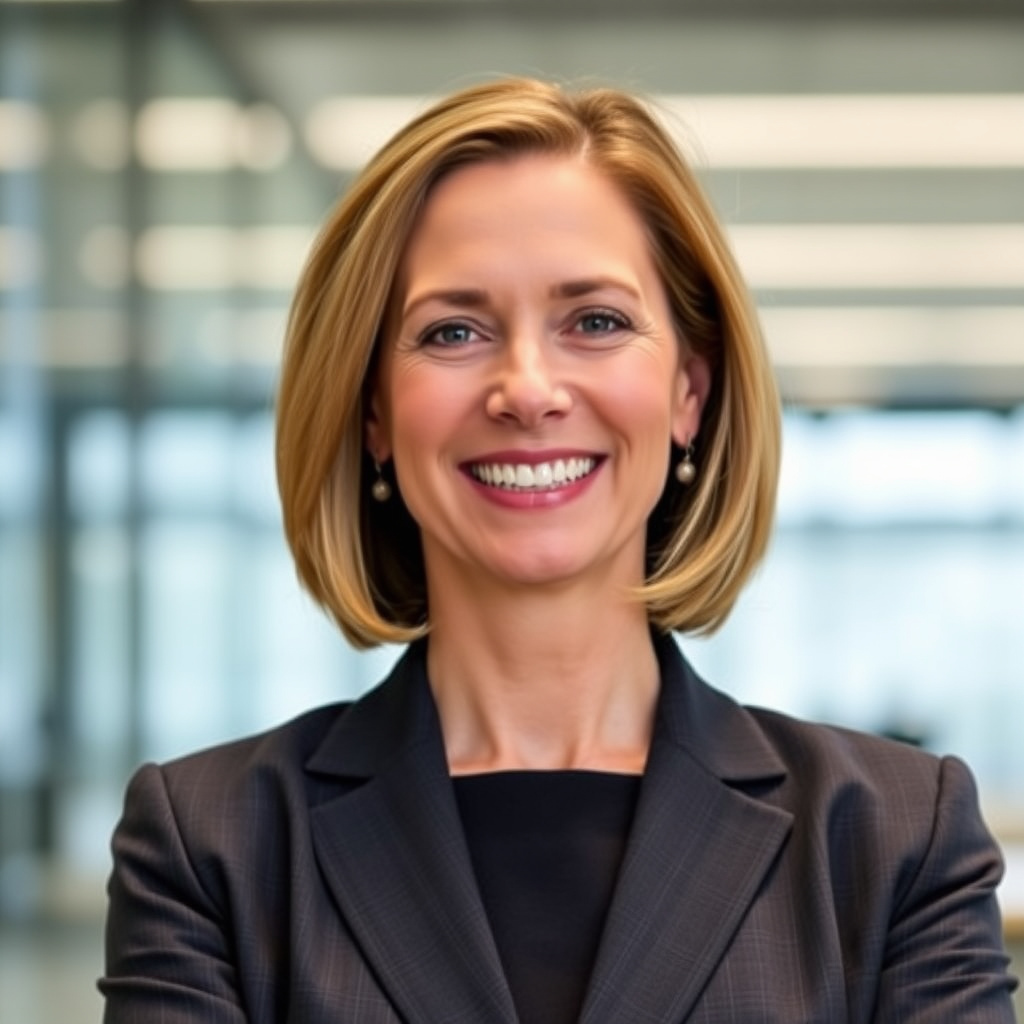 Retrato profesional de la Dra. Amanda Foster, Gerente Senior de Operaciones de Maskernosker, mujer profesional de mediana edad con traje ejecutivo, sonrisa confiada y fondo corporativo moderno